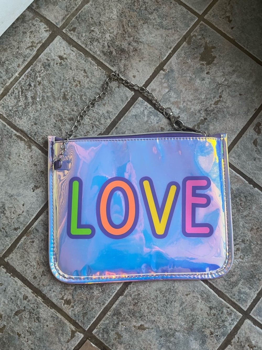 LOVE Iridescent Holographic Clutch Bag - Blue